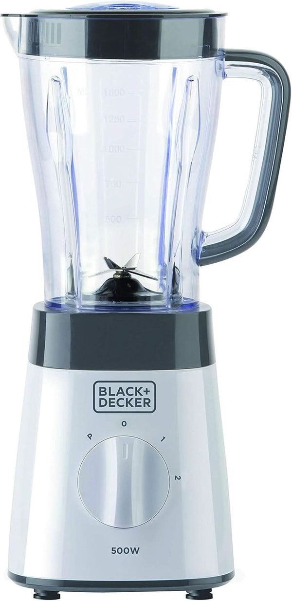 BLACK+DECKER Standmixer | 500W | 2 Geschwindigkeiten | Pulse-Funktion | Glaskrug | 1,5L | Edelstahlmesser Mit 4 Klingen | Herausnehmbar Und Leicht Zu Reinigen | Weiß Und Grau Bucatarie Naty Shop 500W Kunststoff