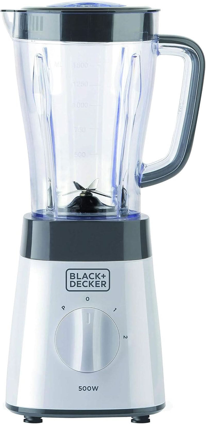 BLACK+DECKER Standmixer | 500W | 2 Geschwindigkeiten | Pulse-Funktion | Glaskrug | 1,5L | Edelstahlmesser Mit 4 Klingen | Herausnehmbar Und Leicht Zu Reinigen | Weiß Und Grau Bucatarie Naty Shop 500W Kunststoff