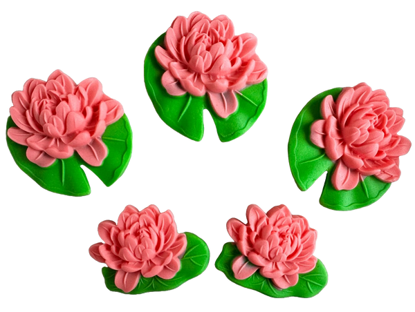Set 5 decoratiuni comestibile din pasta de zahar, Nuferi roz Decoratiuni din Pasta de Zahar Naty Shop