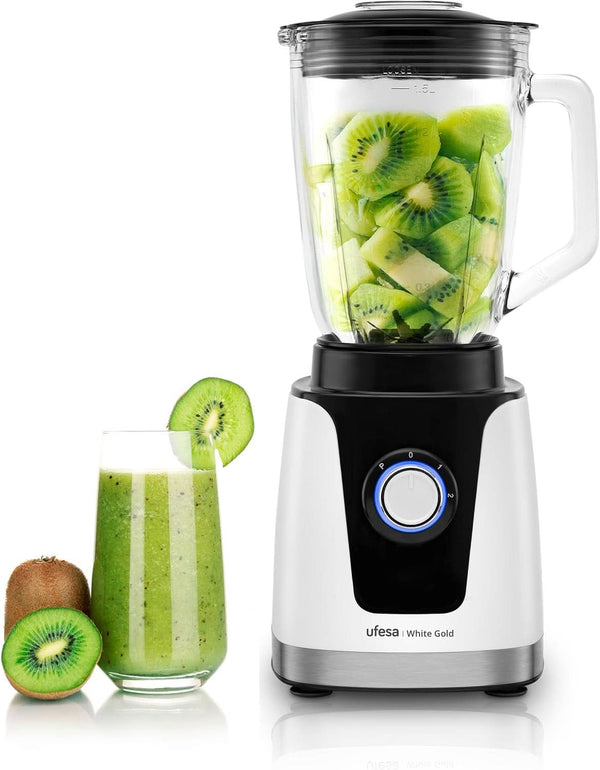 Ufesa White Gold Standmixer, 1500W Leistung, 1,5L Glaskrug, Geschwindigkeitsregler Mit Led-Licht, Ice Crusher, 6 Herausnehmbare Edelstahlklingen, 2 Geschwindigkeiten + TURBO Mama si Copilul Naty Shop 1500W Inox 1,5L