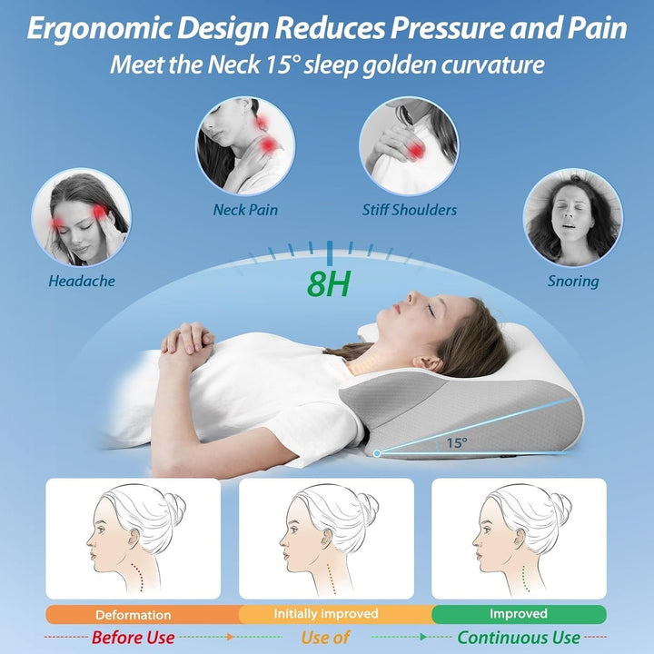 HOMCA Pernă pentru gât Pernă ortopedică din spumă de memorie 2 în 1 Pernă de susținere a gâtului cu capac de răcire 3D Pernă ergonomică de dormit pentru cei care dorm pe spate, lateral și abdominal, gri, 60X13/11X40 cm Perne ortopedice cervicale Naty Shop