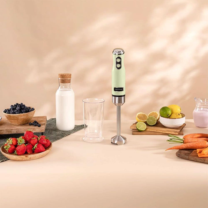 Cecotec Stabmixer Power Retrogreen 1200MAX Cream&Crush, Maximalleistung 1200 W, Crossblades-Technologie, 2 Geschwindigkeiten, Zubehörset Spülmaschinenfest, Spritzschutzhaube Bucatarie Naty Shop