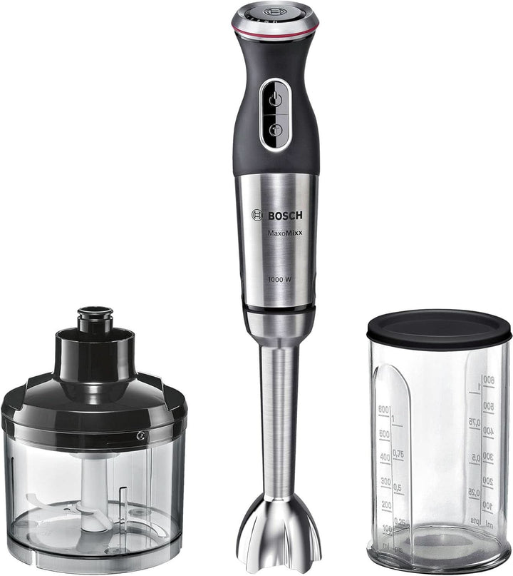 Bosch Stabmixer Ergomaster Serie 6 MSM6M810, Einhändig Bedienbar, 10 Jahre Motorgarantie, Edelstahl-Klingen, Verschleißfreie Keramik-Kupplung, Luftkühlung, Quattroblade, Mixbecher, 1200 W, Edelstahl Bucatarie Naty Shop 2-In-1, 1000 Watt