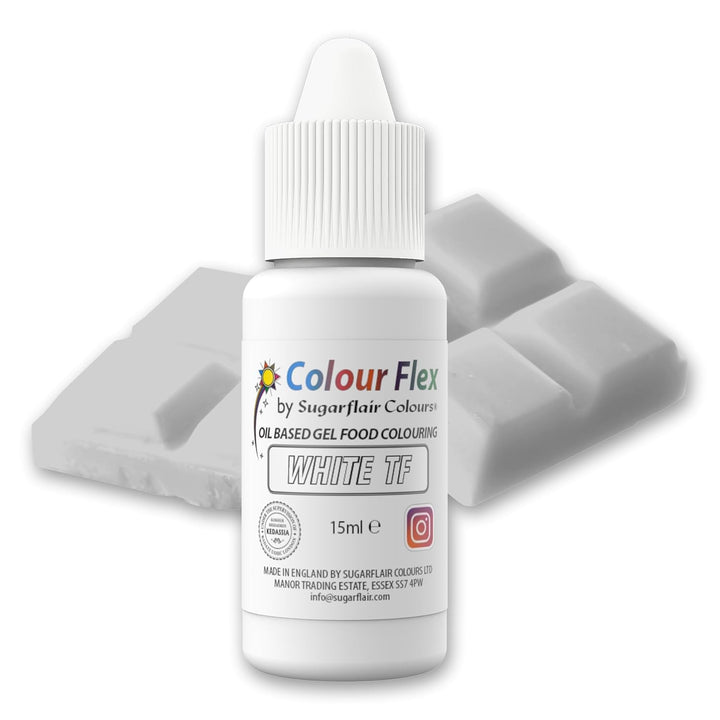 Colorant alimentar pe bază de ulei Sugarflair Colourflex alb, colorant alimentar lichid foarte concentrat, colorant alimentar pentru cremă de unt, ciocolată, aluat, fondant, glazură și multe altele - 15 ml
