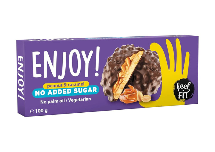 Simte-te în formă, savurează! Fursecuri cu arahide și caramel cu cremă de caramel și arahide în ciocolată cu lapte, fără zahăr adăugat și fără ulei de palmier, 100 g