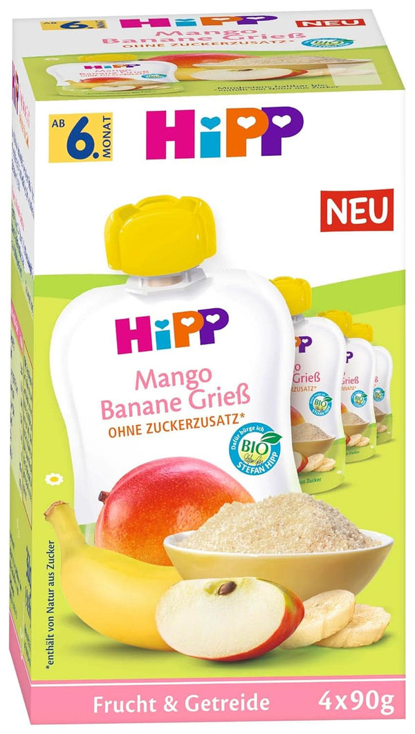 Fructe și cereale organice Hipp în pungi de stoarcere pentru bebeluși, gris de mango și banane, pachet de 4 (4X4X90G) Mama si Copilul Naty Shop