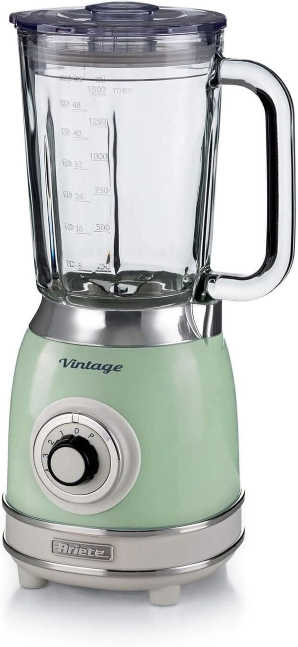 Ariete Vintage 583 Mixer Aus Glas, Retro Multifunktionsmixer Mit 4 Klingen, 4 Geschwindigkeiten + Pulse-Funktion, Ice-Crusher Funktion, 1,5 Liter Fassungsvermögen, 1000W, Grün Bucatarie Naty Shop Grün Single