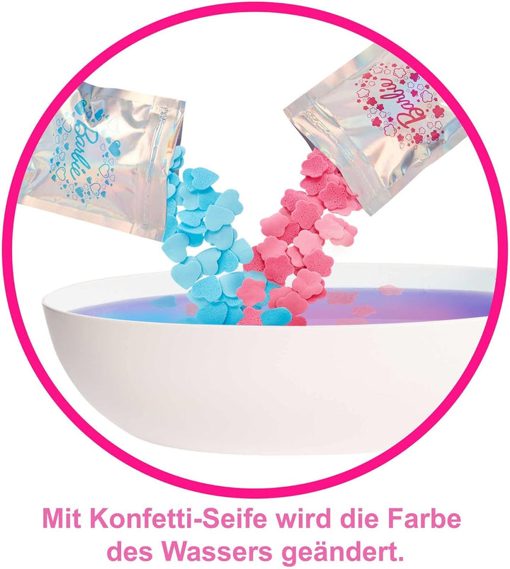 Barbie Self-Care Series, Confetti Bath, păpușă Barbie cu păr blond, costum de baie, cățeluș, 2 pachete de săpun Confetti, accesorii Barbie, 1X păpușă Barbie inclusă, potrivită ca un cadou, Hkt92 Papusi Naty Shop