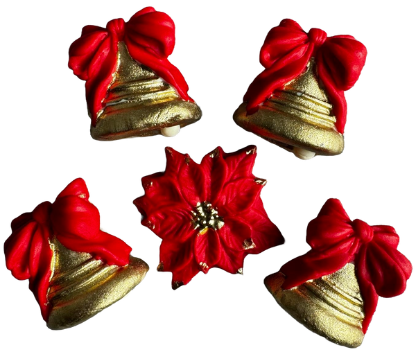 Set 5 decoratiuni comestibile din pasta de zahar, Craciun, clopotei cu fundite rosii Decoratiuni din Pasta de Zahar Naty Shop