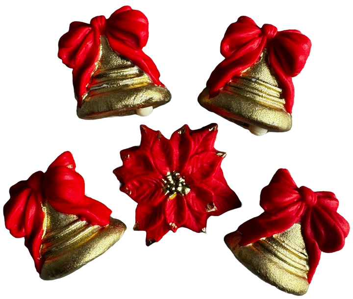 Set 5 decoratiuni comestibile din pasta de zahar, Craciun, clopotei cu fundite rosii Decoratiuni din Pasta de Zahar Naty Shop