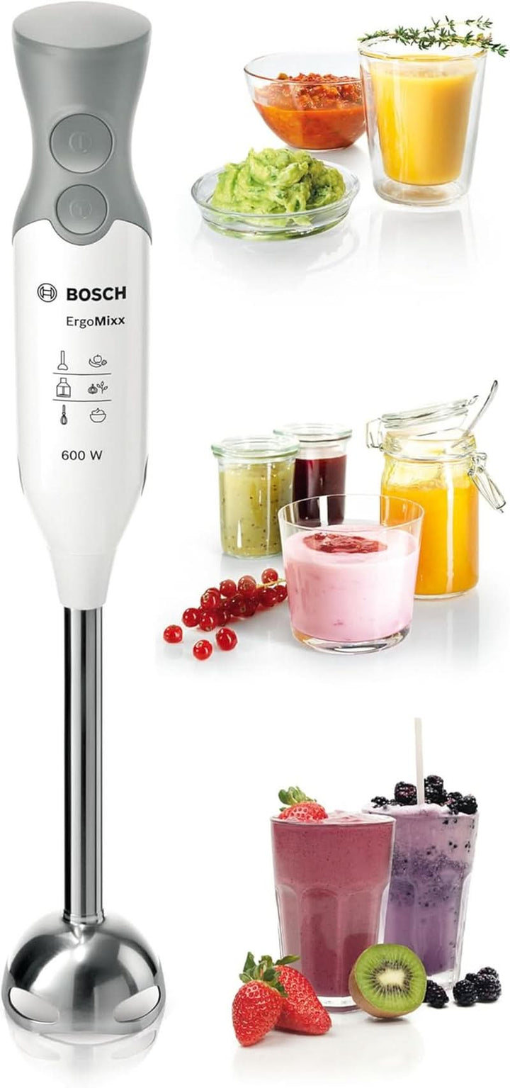 Bosch Stabmixer Ergomixx MSM66110, Edelstahl-Mixfuß, Mix- Und Messbecher, 2 Geschwindigkeitsstufen, Leichtes Gehäuse, 4-Klingen-Messer, Einfache Reinigung, 600 W, Weiß/Grau Bucatarie Naty Shop