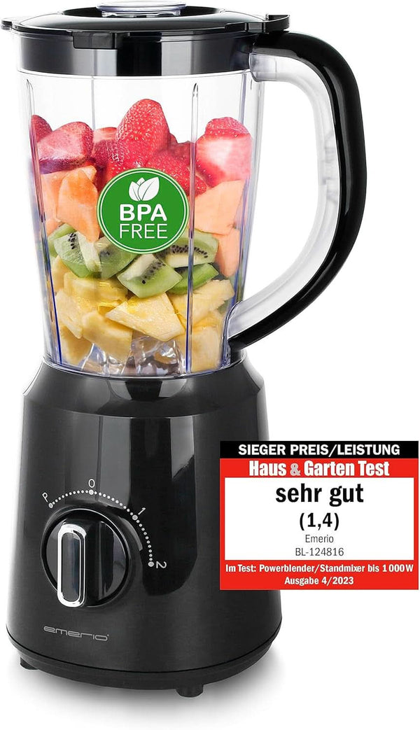 Emerio Standmixer BPA Frei Crush Ice Funktion 1.5L Behälter 2 Geschwindigkeiten + Pulse Funktion Messereinheit Aus Edelstahl Sicherheitsschalter Geschirrspülgeeignet 500 Watt BL-12816.8 Schwarz Bucatarie Naty Shop Schwarz