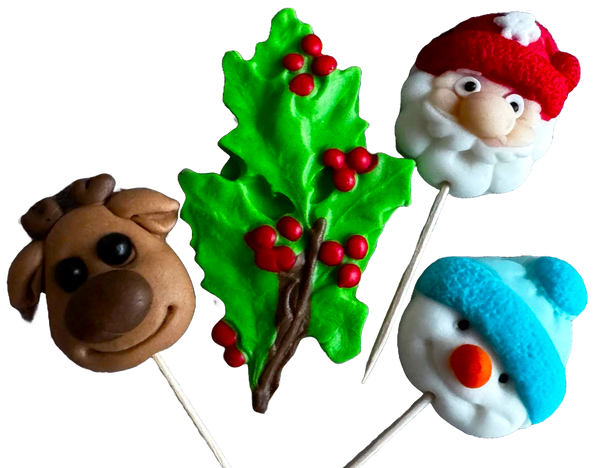 Set 4 decoratiuni comestibile din pasta de zahar, toppere de Craciun, ren, om de zapada, brad si Mos Craciun Decoratiuni din Pasta de Zahar Naty Shop