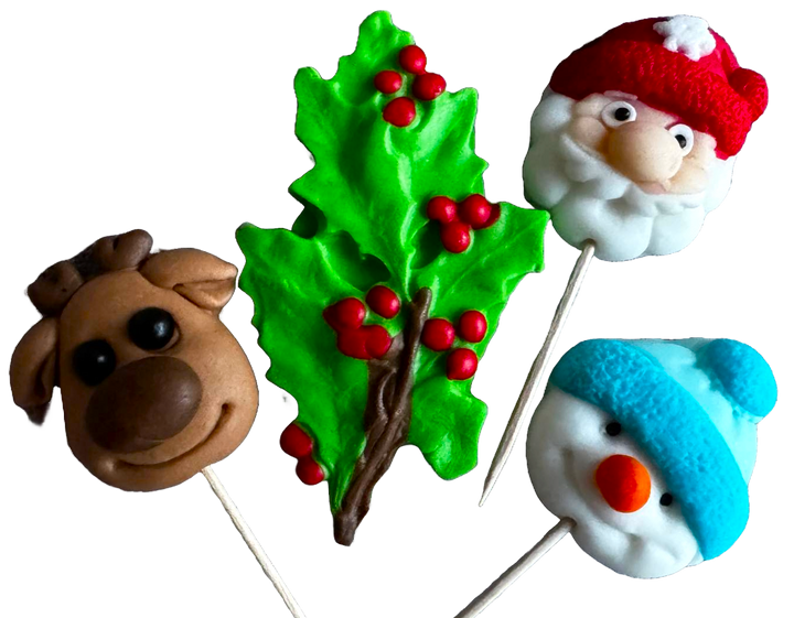 Set 4 decoratiuni comestibile din pasta de zahar, toppere de Craciun, ren, om de zapada, brad si Mos Craciun Decoratiuni din Pasta de Zahar Naty Shop