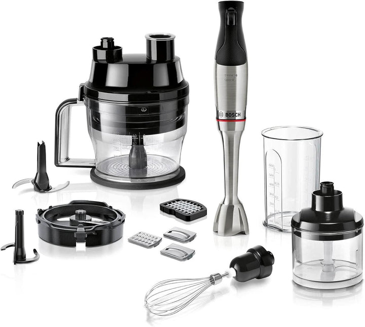 Bosch Stabmixer Ergomaster Serie 6 MSM6M810, Einhändig Bedienbar, 10 Jahre Motorgarantie, Edelstahl-Klingen, Verschleißfreie Keramik-Kupplung, Luftkühlung, Quattroblade, Mixbecher, 1200 W, Edelstahl Bucatarie Naty Shop 7-In-1, 1200 Watt