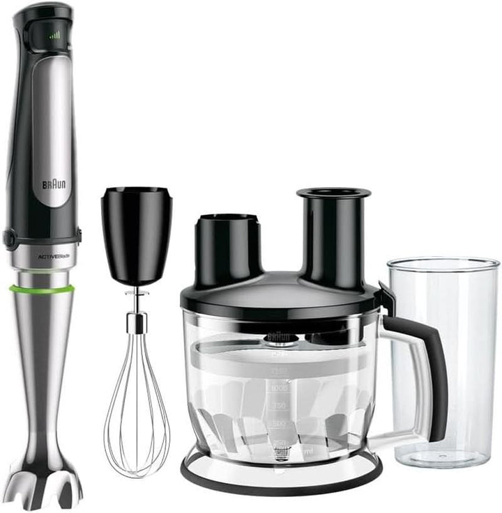 Braun Multiquick 7 MQ 7035X Stabmixer - Pürierstab Mit Abnehmbarem Edelstahl Mixfuß Mit Activeblade Technologie Zum Pürieren Der Härtesten Zutaten, Inkl. 3-Teiliges Zubehör Set, 1000 Watt, Schwarz Bucatarie Naty Shop Schwarz Küchenmaschine