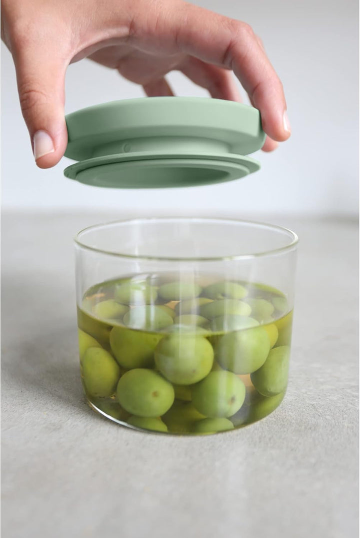 Brabantia - Recipient de sticlă stivuibil cu capac - Set de 3 - Depozitare alimente - Păstrează alimentele proaspete pentru mai mult timp - Sigiliu din silicon - Se spală în mașina de spălat vase - Gri închis/gri deschis/verde jad - 0.3L/0.6L/1.1L Cutii depozitare alimente Naty Shop