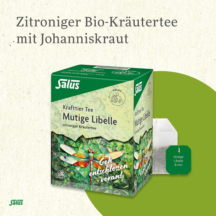 Salus - Ceai Krafttier - Libelula curajoasă - 1X 15 pliculețe filtru (24 g) - Ceai de plante cu aromă de lămâie - Cu sunătoare - Aromatizat - Bio
