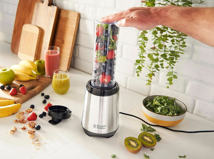 Russell Hobbs Mixer - Standmixer & Smoothie Maker to Go [23.500 U/Min Power-Motor] Inkl. 1X Mixbehälter 600Ml (Bpa-Frei, Spülmaschinen- & Bruchfest Inkl. Deckel) Zerkleinerer, Edelstahl, 23472-56 Bucatarie Naty Shop