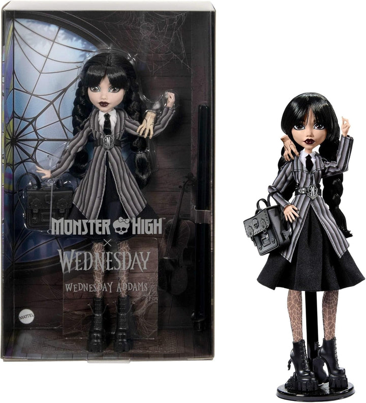 Păpușă și accesorii Monster High Wednesday, figurină de colecție Wednesday Addams în uniforma Nevermore Academy cu mână și rucsac Icy Cold, suport pentru păpușă, HXJ04 Papusi Naty Shop [Multicolor]