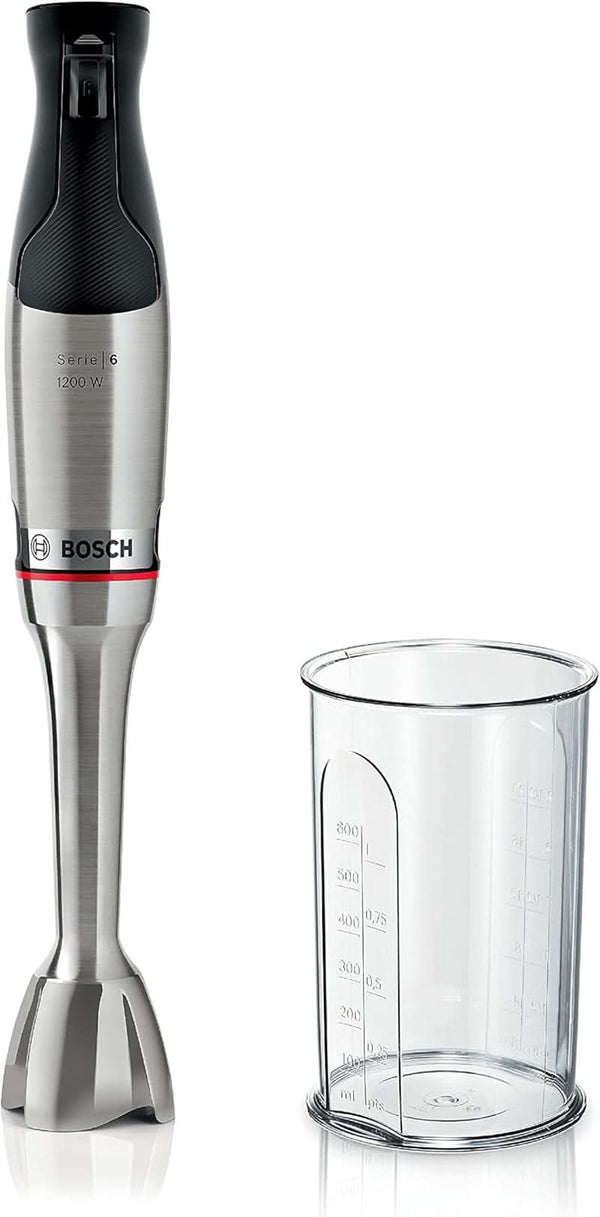Bosch Stabmixer Ergomaster Serie 6 MSM6M810, Einhändig Bedienbar, 10 Jahre Motorgarantie, Edelstahl-Klingen, Verschleißfreie Keramik-Kupplung, Luftkühlung, Quattroblade, Mixbecher, 1200 W, Edelstahl Bucatarie Naty Shop 1-In-1, 1200 Watt