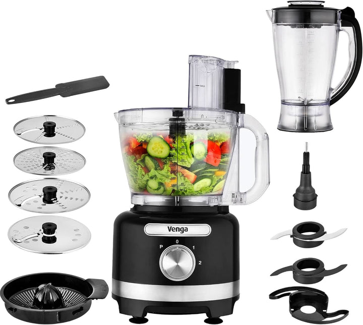Venga! 8-In-1 Küchenmaschine, 3-L-Schüssel, 1,75-L-Mixbehälter, 2 Geschwindigkeitsstufen, Turbo-Funktion, 1000 W, Schwarz/ Silberfarben, VG HA 3001 Mama si Copilul Naty Shop
