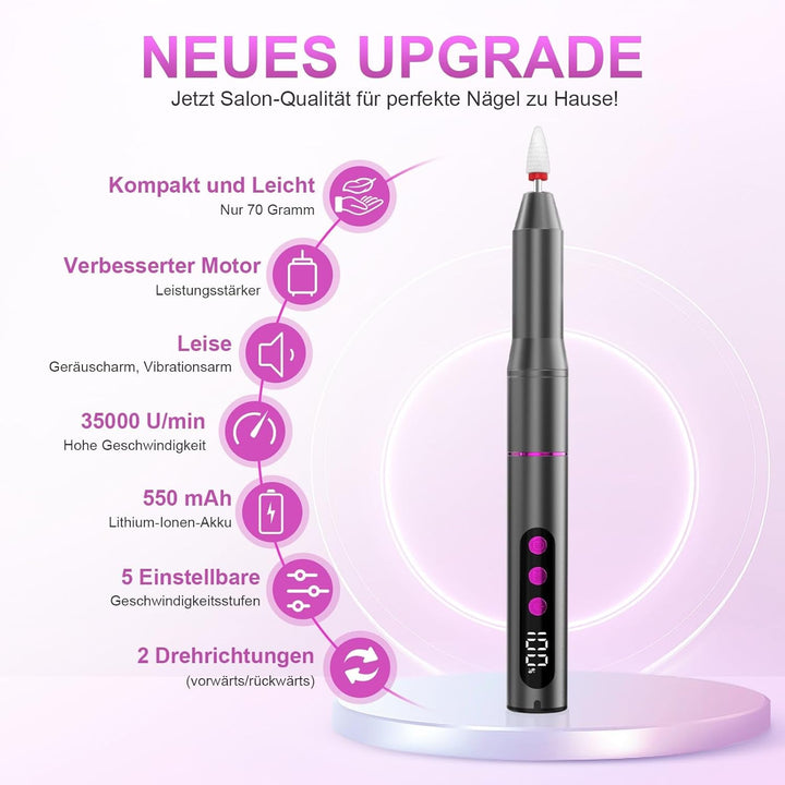 Pilă electrică fără fir pentru unghii - 35000 RPM pentru unghii cu gel, 12 în 1 profesională pentru unghii și unghii acrilice, set manichiură și pedichiură cu 5 viteze