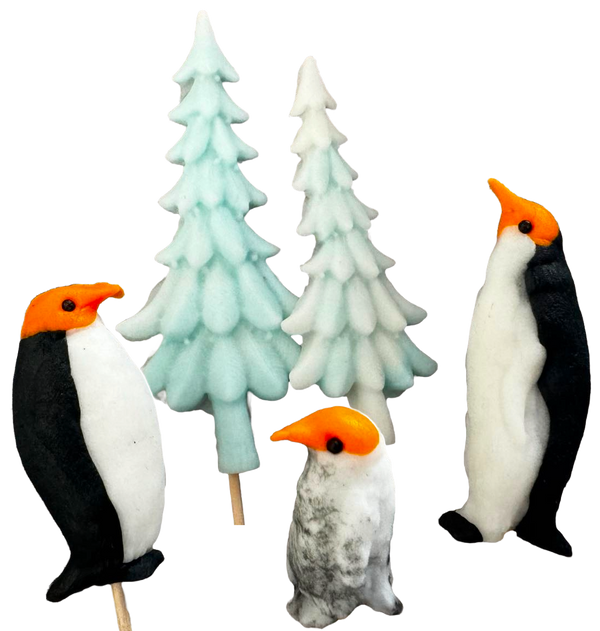 Set 5 decoratiuni comestibile din pasta de zahar, Craciun, pinguini si braduti Decoratiuni din Pasta de Zahar Naty Shop