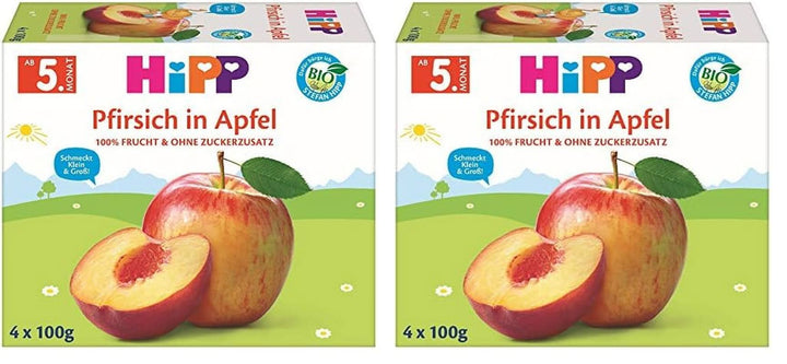 Hipp Fructe organice, Banane în piure de mere, pachet de 6 (6 x 400 g) Mama si Copilul Naty Shop 2 x 99.2 grame Piersici, mere