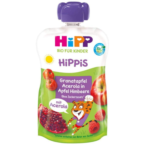 Pungi de stoarcere Hipp Super-Hippis, acerola de rodie in mere-zmeura, fructe 100% bio fara zahar adaugat, 6 pungi de 100 g Mama si Copilul Naty Shop 6 x 100 grame Rodie Acerola Mere Zmeura