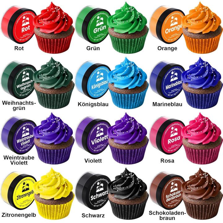 Colorant alimentar pudră 12 culori x 5 g - Colorant alimentar foarte concentrat pentru copt, colorant alimentar pudră pentru prăjituri, macarons, fursecuri, glazură (pentru uz casnic și profesional)