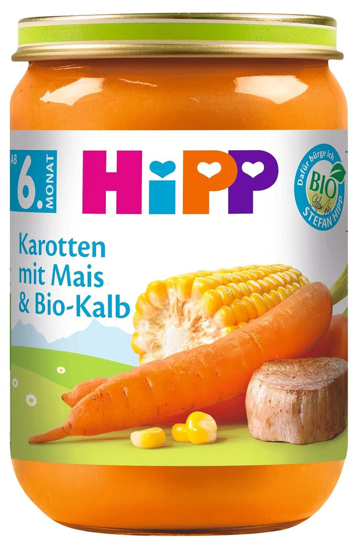 Porumb dulce Hipp cu piure de cartofi și curcan organic, pachet de 6 (6 X 190 grame) Mama si Copilul Naty Shop 6 x 190 grame Morcovi cu porumb și vițel organic