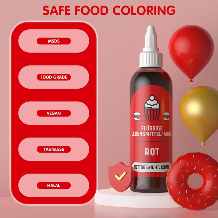 Colorant alimentar roșu 120 ml, colorant alimentar lichid foarte concentrat și fără zahăr pentru copt, prăjituri, macaroane, glazură, fondant, fursecuri, gogoși