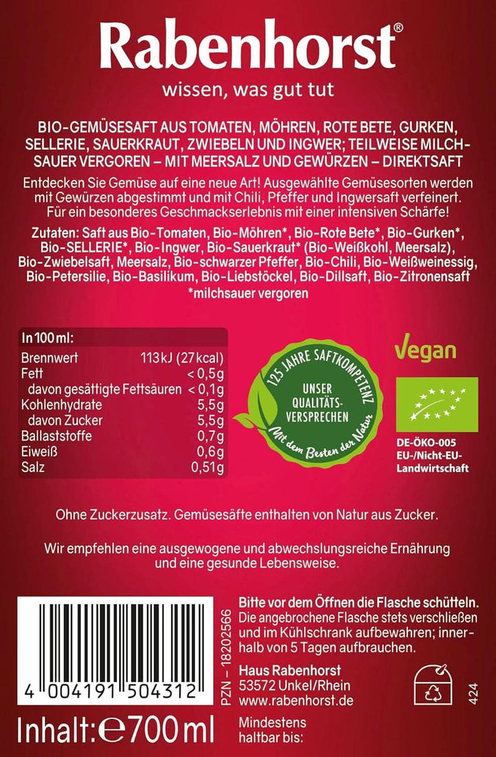 RABENHORST (6 x 700 ml) - Suc de legume de înaltă calitate din diferite legume cu o aromă picantă intensă Bauturi fara alcool Naty Shop