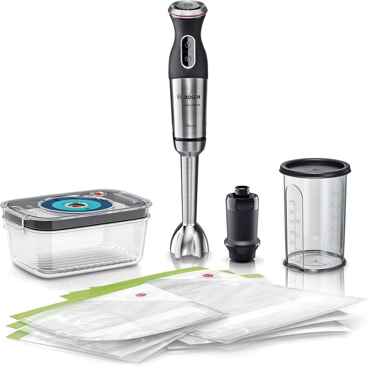 Bosch Stabmixer Ergomaster Serie 6 MSM6M810, Einhändig Bedienbar, 10 Jahre Motorgarantie, Edelstahl-Klingen, Verschleißfreie Keramik-Kupplung, Luftkühlung, Quattroblade, Mixbecher, 1200 W, Edelstahl Bucatarie Naty Shop 4-In-1, 1000 Watt