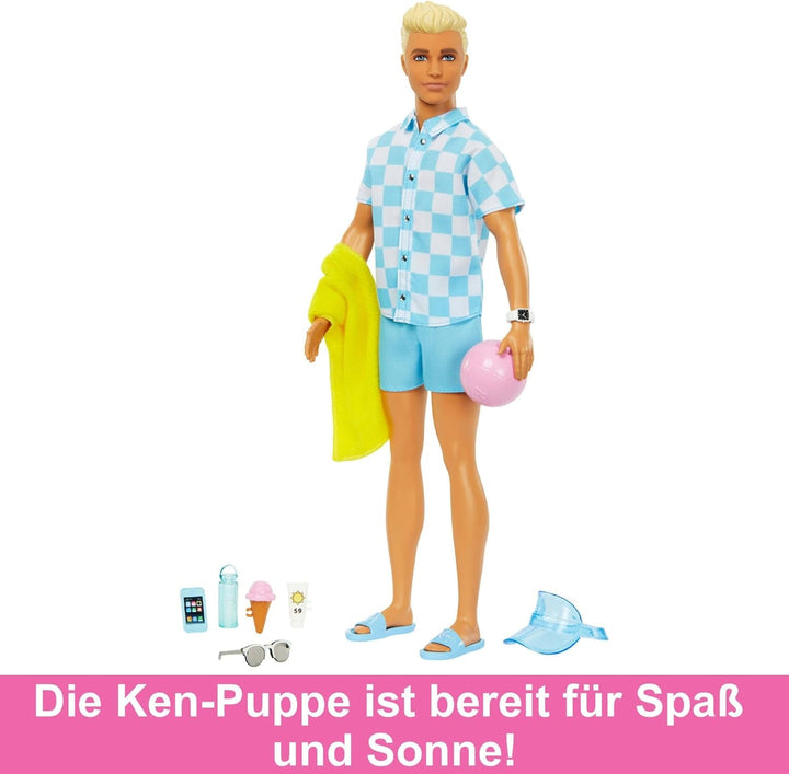 Barbie Ken - păpușă blondă cu cămașă albastră și costum de baie, accesorii de plajă și minge de plajă pentru jocuri creative, pentru copii de la 3 ani, HPL74 Papusi Naty Shop