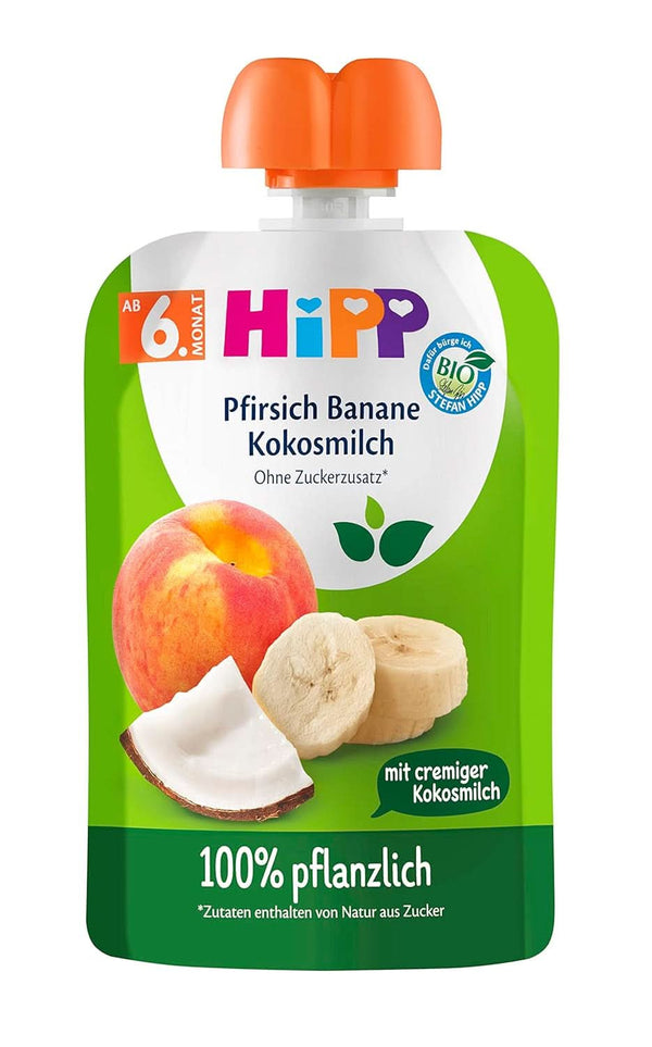 Hipp fructe și lapte vegetal pentru bebeluși, piersici, banane cu lapte de cocos (4 x 4 x 90g) Mama si Copilul Naty Shop