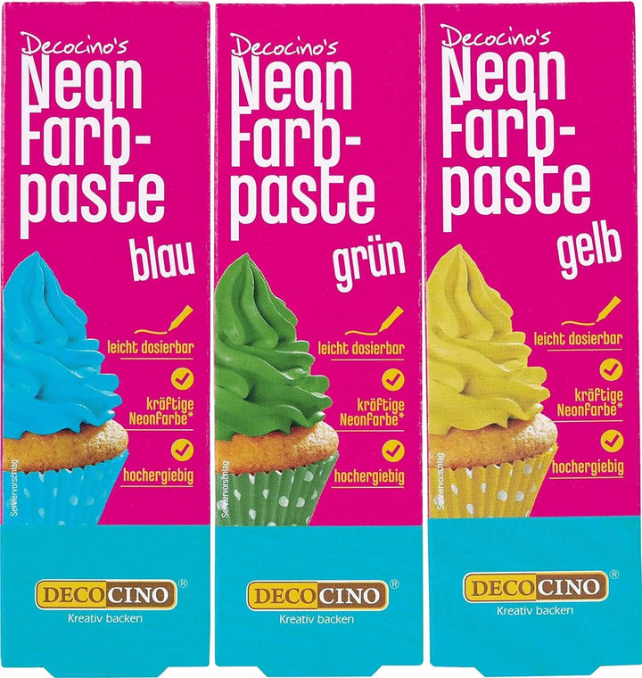 Decocino Neon Food Paste Set - 3 bucăți, colorant alimentar cu doză mare, pentru colorarea prăjiturilor, tartelor, brioșelor, cupcakes, neutru la gust Naty Shop Galben, Albastru, Verde