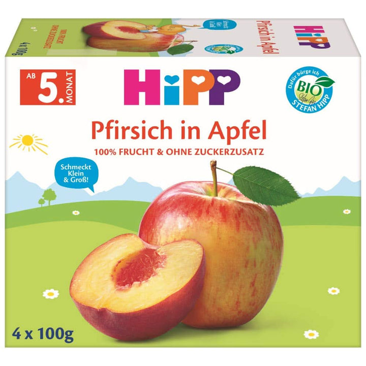 Hipp Fructe organice, Banane în piure de mere, pachet de 6 (6 x 400 g) Mama si Copilul Naty Shop 99.2 grame Piersici, mere