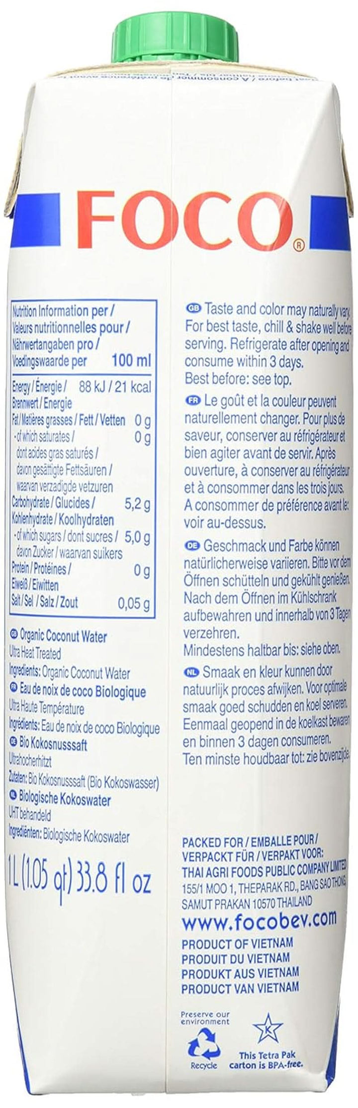 FOCO Apă de nucă de cocos organică, pură, răcoritoare, băutură sport, 100 % apă de nucă de cocos - 6 X 1 litru Naty Shop