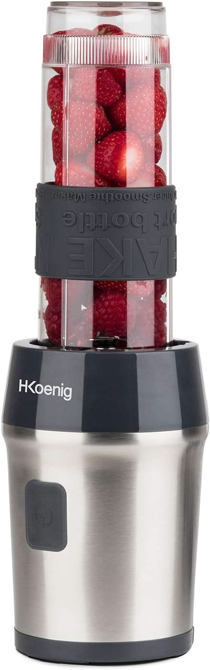 H.Koenig Smoothie Maker SMOO9 - Mini Standmixer - Mini Blender - 300 Watt - 570 Ml - Edelstahl - 2 Kunststofflaschen - Bpa-Frei, Grau Bucatarie Naty Shop