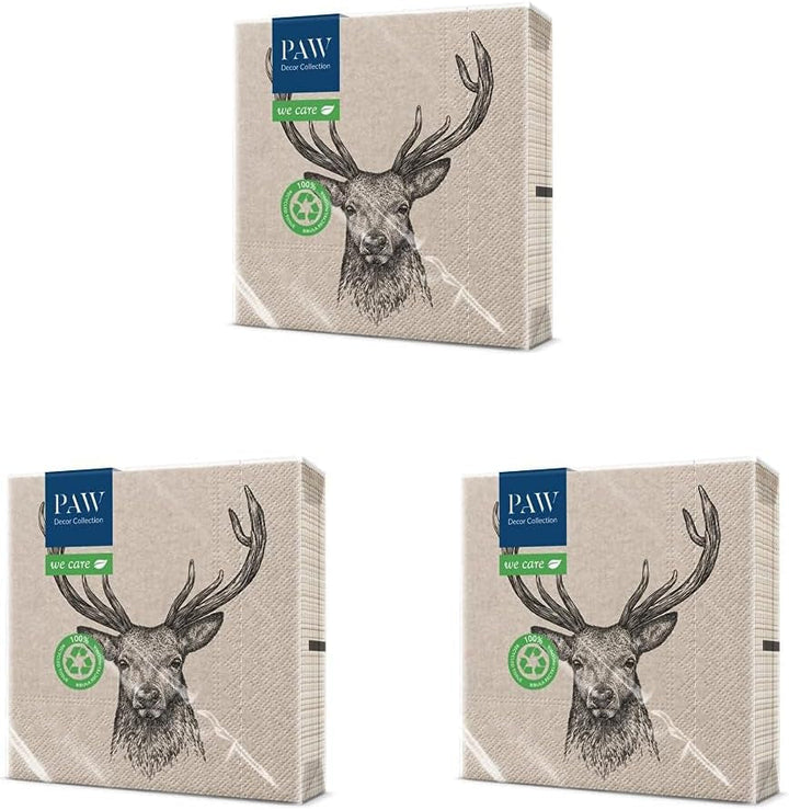 Collection de décoration de pattes X PAW DÉCORD COM LINES DE PAPIER CM avec 3 couches. 20 pièces. Imprimé avec des couleurs à base d'eau. Décorations de table. Nature, HIRSC, PAW_022022, cerf, 33 x 33 cm (package avec 3)