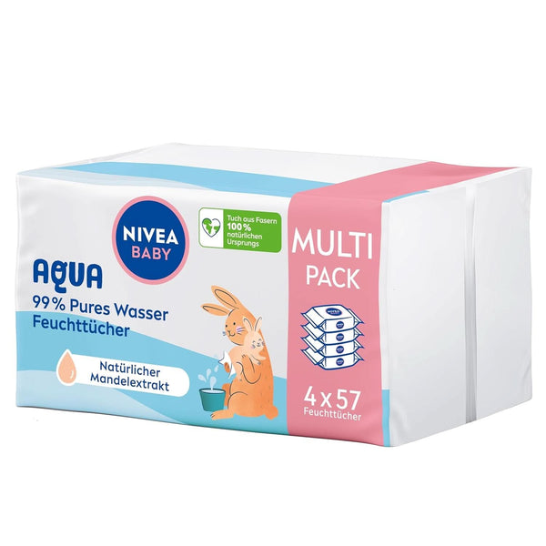Servetele umede NIVEA Baby AQUA, servetele pentru bebelusi pentru curatarea delicata a pielii sensibile, servetele umede hipoalergenice si fara parfum pentru bebelusi cu 99% apa (4 x 57 bucati) Servetele Umede Bebelusi Naty Shop