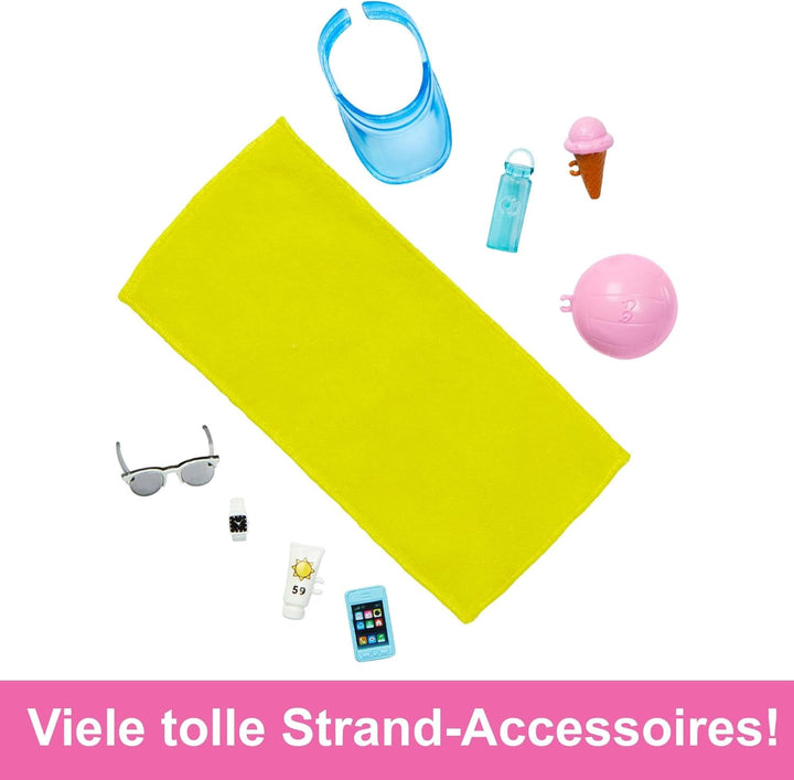 Barbie Ken - păpușă blondă cu cămașă albastră și costum de baie, accesorii de plajă și minge de plajă pentru jocuri creative, pentru copii de la 3 ani, HPL74 Papusi Naty Shop