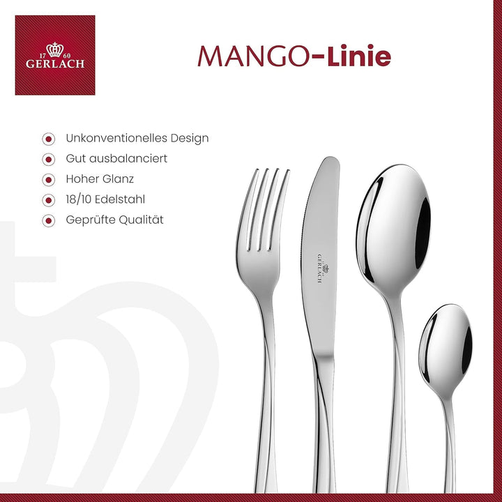 Gerlach Mango Besteck-Set 6 Personen Spülmaschinenfest Essbesteck Edelstahl Elegantes Besteck Messer Gabel Löffel Teelöffel Tafelbesteck Rostfrei 24 Stk, Silberglänzend Bucatarie Naty Shop