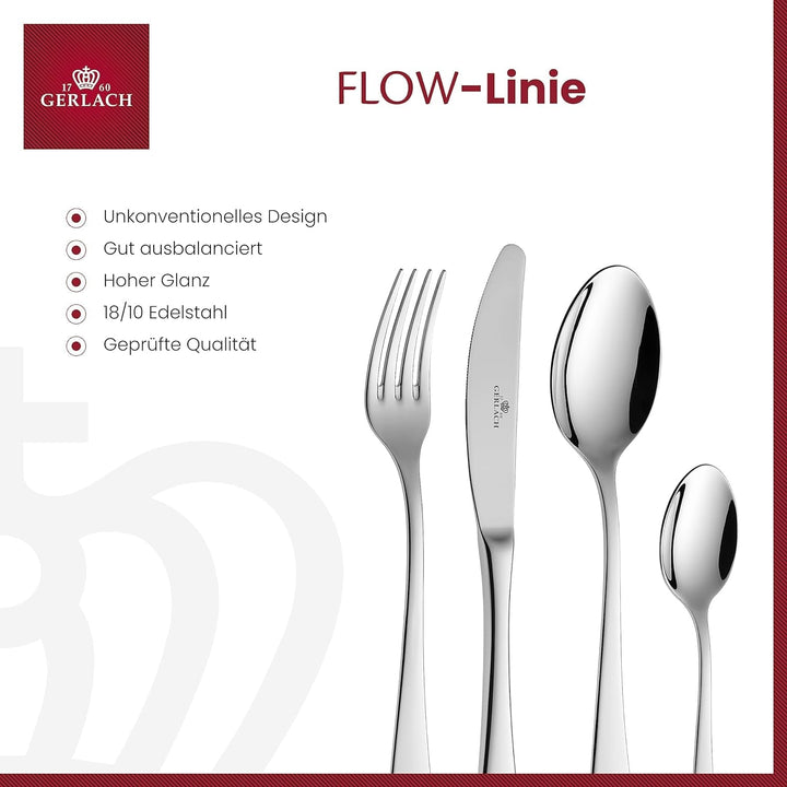 Gerlach Flow Besteck-Set 6 Personen Spülmaschinenfest Essbesteck Besteck Aus Edelstahl Messer Gabel Löffel Teelöffel Tafelbesteck Rostfrei 24 Stk, Silberglänzend Bucatarie Naty Shop