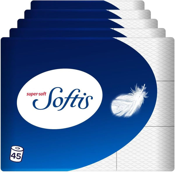 Hârtie igienică Softis cu 4 straturi - pachet de 45 de role (5 X 9 pachete simple), 100 de coli per rolă, Sistem unic de cameră moale, Ambalaj reciclabil, Hârtie certificată Fsc
