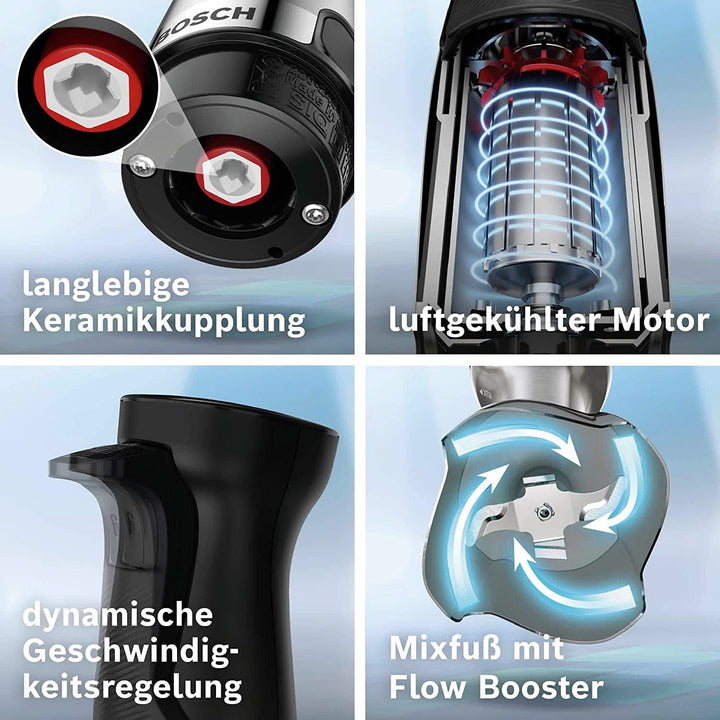 Bosch Stabmixer Ergomaster Serie 6 MSM6M623, 10 Jahre Motorgarantie, Edelstahl-Klingen, Verschleiãÿfreie Keramik-Kupplung, Luftkühlung, Zerkleinerer, Kartoffelstampfer, Schneebesen, 1000 W, Edelstahl Bucatarie Naty Shop