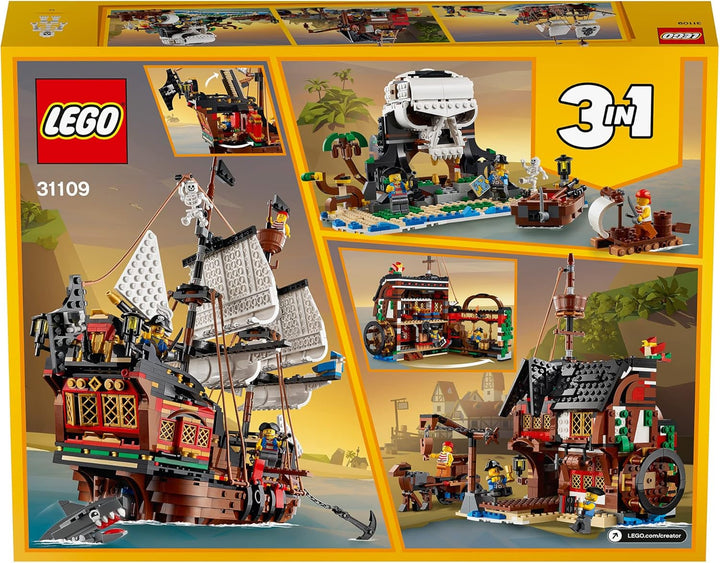 Set navă pirat LEGO Creator 3 în 1, jucărie cu 3 opțiuni de construcție, construiește o tavernă pirat sau o insulă pirat cu craniu, include 3 minifigurine pentru aventuri de rol 31109 Seturi de constructie Besuche den LEGO-Store