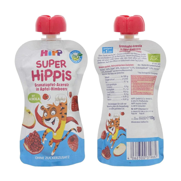 Pungi de stoarcere Hipp Super-Hippis, acerola de rodie in mere-zmeura, fructe 100% bio fara zahar adaugat, 6 pungi de 100 g Mama si Copilul Naty Shop